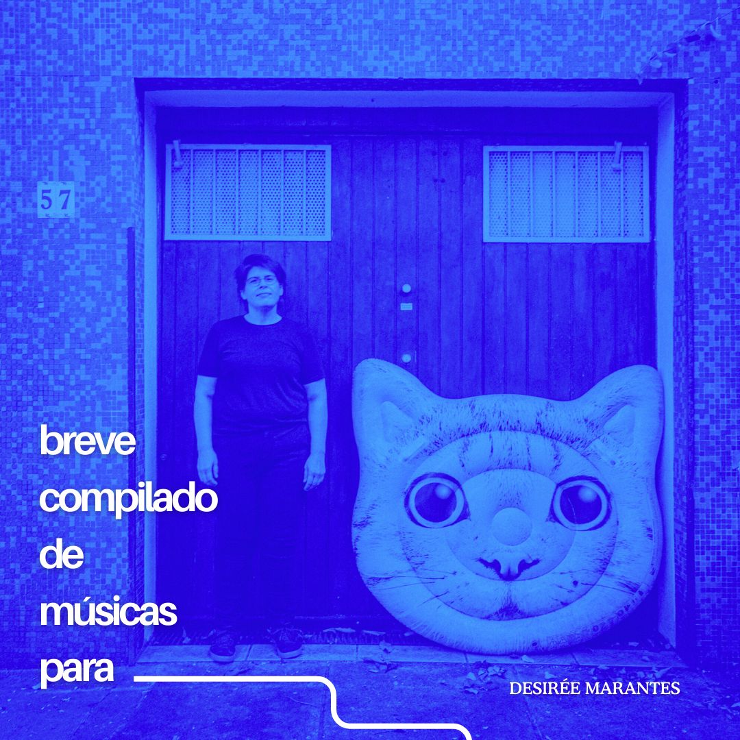 A cor predominante da capa do EP é um tom entre o azul e o roxo. A foto que a ilustra mostra uma pessoa branca (Desirée Marantes), de óculos e cabelos curtos e lisos, vestindo camiseta, calça e tênis. Ao lado de Desirée, há um grande inflável em formato de cabeça de gato. Desirée aparenta estar em frente a uma porta de garagem. O título do EP, “Breve compilado de músicas para _______”, está escrito em branco; na parte inferior direita, o nome “Desirée Marantes” também aparece na mesma cor.